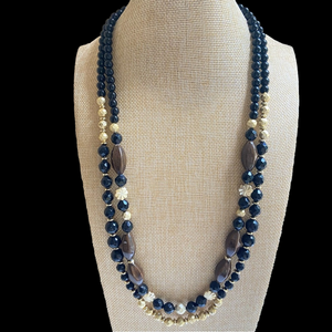 Vintage two strand acrylic beaded necklace in black speckled brown and goldtone